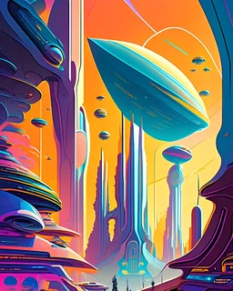 A captivating illustration of an alien cityscape, with otherworldly architecture, diverse extraterrestrial inhabitants, and advanced technology, in the style of futurism, dynamic lines, bold colors, and a sense of motion, influenced by the works of Syd Mead and Moebius, inviting the viewer to explore the vast possibilities of the cosmos.