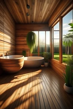 Generate a bathroom with a tub and a toilet , made out of wood,, with windows, a mirror, vegetation. With interior design and attention to details.