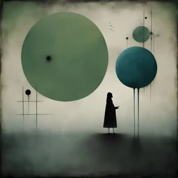 Style by Gabriel Pacheco and Joan Miro and Victor Pasmore, surreal abstract art, listen to the ground something going down, I get night fever, surreal masterpiece, sharp focus, smooth, green hues and blue tints, black - white color scheme, loosely based on the nightmare art of Zdzislaw Beksinski