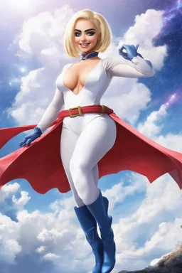 Karen Starr, full body, superhero landing pose, young athletic white female, crew cut bleach-blonde hair, blue eyes, thick black eyebrows, round face, semi-pointed chin, muscular build. Wearing white long-sleeved bodysuit with high collar with plunging neckline, blue elbow gloves, red belt with gold buckle, red cape, blue knee boots. Big smile. Background: outer space, planets, stars, galaxies, fire, explosions, volcanic lava, craggy peaks. Photorealistic