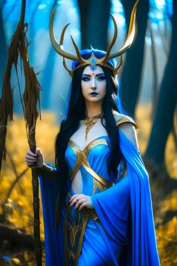 A picture of a beautiful blue faced Korean goddess with skin painted blue, blue body, blue torso, wild black hair, stag antlers, elven ears, golden skirt, holding a staff in a sunny forrest