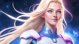 Wide shot of a beautiful blond smiling woman with long hair and cosmic clear blue eyes, with a white and gold and pink and blue crystalline uniform of galactic commander, luminous, high detail, realistic photo, digital painting, cinematic, stunning, sharp focus, high resolution, 8k, octane render, insanely detailed, manga anime style, Rossdraws
