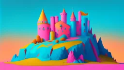 Pink, orange, yellow, dark blue and aqua blue castle on a hill