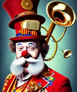 happy old friendly clown with round head and trimmed beard playing jazz with a steampunk theme, trumpet on mouth, circus, realistic