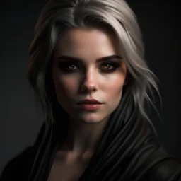 portrait of a beautiful young evil female jedi, long messy grey hair, pale eyes, dressed in jedi robes, dark side, evil look, realistic, sexy, cinematic lighting, highly detailed face, very high resolution