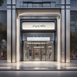 dramatic store entranceway that is shaped like a cell phone, "Apple Store" sign above doorway, Apple Logo in window, dramatic modernist architecture, stylish, hyperrealistic, photoreal, HD, magic realism