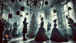 stunning weird goth christmas holiday in vintage goth room 1 xmas tree with black and silver balls decoration, beauty unique victorian goth style clothes women and men talking and dancing each other in tall victorian castle room, ghosts, demons, dark colors, high detalied, sharp focus, high texture, dark fantasy style , surreal vibe