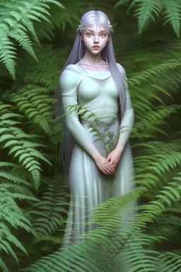 With a carefree abandon, Fiona sprawls amongst the ferns, her silvery hair fanning out around her like a halo of moonlight. Her cerulean eyes gleam with an otherworldly light, their pupils slightly dilated as they take in the ever-shifting colors of the hallucinatory world around her. Her cheeks bear a rosy flush, mirroring the warmth of her laughter and the forest's magic that courses through her veins. Her lips are curled into a perpetual smile, a testament to the joy that radiates from withi