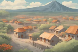 serene volcanic landscape with a peaceful village at the foot of a dormant volcano, capturing the tranquility of the scene before the eruption