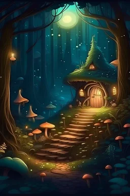 cabaña en bosque mágico, de noche, hadas la cuidan