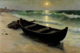 Night, sea, waves, rocks, sand, seashore, epic, emile claus and rodolphe wytsman impressionism paintings