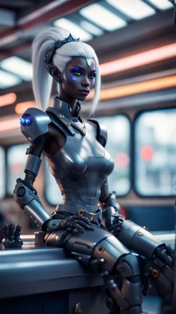 full body portrait of robotic dark elf soldier with bazooka panther drow princess chilling on top of a high speed train in the metro barber shop tool shed,bokeh like f/0.8, tilt-shift lens 8k, high detail, smooth render, down-light, unreal engine, prize winning