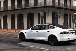 A Tesla 'Model S' is parked, on the streets of New Orleans. (CINEMATIC, WIDE ANGLE LENS, PHOTO REAL)