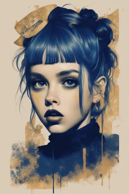 poster in two gradually, a one side Singer Danish MØ face illustration by <Yoji Shinkawa> and other side a Singer Melanie Martinez face illustration by <John Kenn Mortensen>, darkblue and gold tones,