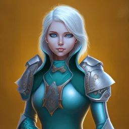 D&D cleric, female, platinum blonde hair, happy, teal armor, eyes gold