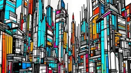 "A bold and unique ink drawing of a futuristic cityscape, with sharp lines and vibrant colors."