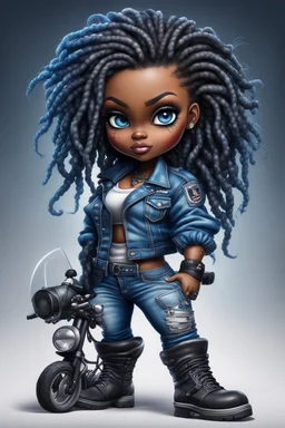 create an airbrush illustration of a chibi cartoon voluptuous black female wearing a blue jean outfit with biker boots. Prominent make up with hazel eyes. Extremely highly detail of a twisted dreadlocks. Background of a bike show.