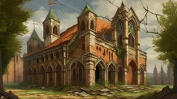 An oil painting of a large, dilapidated brick building, possibly a church or monastery, with elements of fantasy architecture, the building is in a state of disrepair, with missing sections of the roof and walls, revealing the interior, the interior space is filled with hay, and there is a small wooden structure with an open book inside, the building is surrounded by a dense growth of green plants, creating a sense of nature reclaiming the structure, the sky is a dark blue, suggesting it is eith