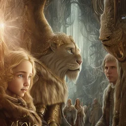 Chronicles of Narnia, Aslan and Lucy, movie poster, C.S. Lewis, 8k resolution, high-quality, fine-detail, iridescent, intricate, digital art, detailed matte, volumetric lighting, beautiful, illustration, 3D octane render, brian froud, howard lyon, selina french, anna dittmann, annie stokes, lisa parker, greg rutowski,