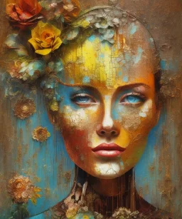  an abstract painting of rusted metal and flowers, african portrait, rust, scaffolding, iron cladding, decay, mixed media, textured, anatomically correct, beautiful perfect face, sharp focus, highly detailed, injured face