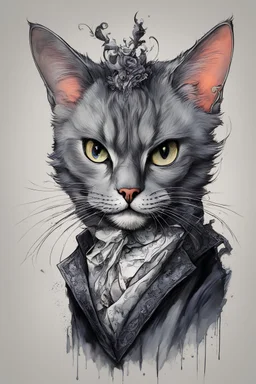 create a wild caricature of an ornately dressed vampire sorceress Russian Blue cat, highly detailed with refined feline features in the cartoon caricature style of Gerald Scarfe and Ralph Steadman precisely drawn, boldly inked, vividly colored, 4k