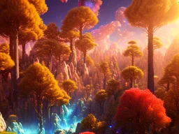 gold and red crystal cosmic and galactic ambiance hill sky rocks sunny trees pools mountain surreal, full of details, smooth, bright sunshine，soft light atmosphere, light effect，vaporwave colorful, concept art, smooth, extremely sharp detail, finely tuned detail, ultra high definition, 8 k, unreal engine 5, ultra sharp focus