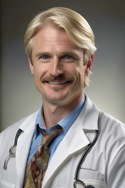 Mid-thirties, Caucasian male doctor, kind smile, blonde hair (slightly disheveled) thick blonde mustache, pale blue eyes, broad shoulders, muscular, six foot, Hawaiian shirt under white lab coat (with blood stains around the edges) , Strong Jaw line, shadowy tendrils,stethoscope draped around neck, photo realistic