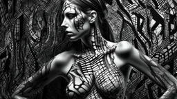 An artistic image depicting a woman against a textured abstract background. The woman's skin is painted with a striking black and white pattern, creating a high-contrast visual effect. The paint is applied unevenly, following a Jackson Pollock-esque pattern, covering the entire body. The background is gray with a rough texture that complements the intensity of the body paint. The overall composition is asymmetrical, emphasizing its artistic and avant-garde nature.