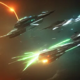 EXPLODING SPACESHIP, TWO SHIPS SHOOTING LASERS IN BATTLE, cinematic lighting, 4k, 8k, octane render, digital concept art, extremely detailed, ambient lighting, GREEN