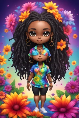 Create an airbrush image of a chibi black curvy female wearing a tie dye yoga outfit. Prominent make up with hazel eyes. Highly detail asymmetrical dread locs. background of colorful large flowers 2k