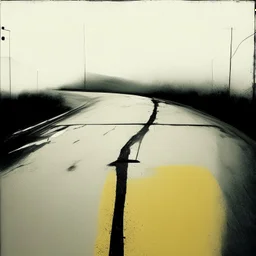 Minimal abstract oil paintings desolate 1960s carpark concrete fragments style of Justin Mortimer and Francis Bacon. Yellow road markings.