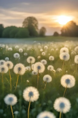 Field of dandelions in their fluffy form with the sun setting behind the field
