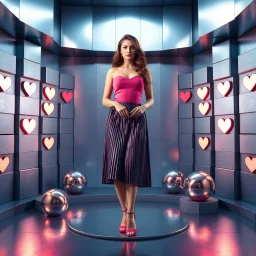 make a picture pretty stage made of metallic blue-gray teme 3d recursive cubic and sphere and heart simbols base structures and a beautiful fashion model lady standing with cute in scene with sexy top and pretty pleated midi skirt ,makeup curvy long hair,dynamic camera zoom to full body and pan, dynamic lights.