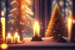 Romantic Christmas background with two candles and a golden tree on a wooden table , 8k , cinematic