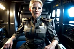 Captain female military tough sitting back in command chair on huge bridge of space cruiser hyper realistic, detailed, tough, menacing, cinematic lighting