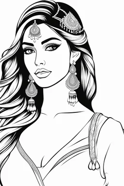 coloring page for adults of fashion model wearing hindi dress, thick and clear lines hair, full body portrait, style clean coloring page for adults, cartoon style, clean line art high detailed, white background, coloring book style, 8k, no-shading, thick lines hair, no-grayscale, lines hair