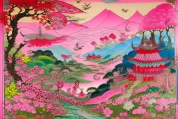 A pink fairy realm designed in Kuna Molas painted by Utagawa Hiroshige