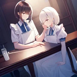 anime girl in a waitress uniform sitting at a booth in a busy diner with two identical white coffee cups on the table, one white cup is full and the other white cup is empty