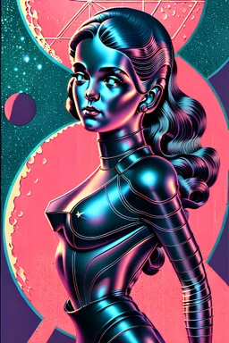 science fiction,Girl, portrait, illustration, by virgil finlay, retro, stars, retro , high details, intricate details, by vincent di fate, artgerm julie bell beeple, 60s, inking, vintage 60s print, screen print,8k ,film noir, vivre sa vie, a bout de souffle,brunette,blue eyes, fantastic setting and otherworldly, intricate scene with lots of details, reminiscent of vintage japanese sci fi posters, 1960's retro, godzilla posters
