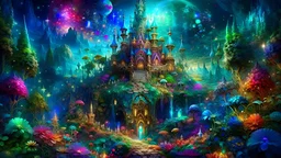 a mesmerizing digital painting, a celestial beautiful fairy garden, faery castle emerges, radiating vibrant luminescent hues against amazing magic cosmos. Its otherworldly form is a bright iridescent colours, that shimmer like precious gems and intricate patterns that seem to dance with life. The image captures every intricate detail of this vivacious picture, showcasing its celestial beauty in stunning high-definition, Butterfly, 32K