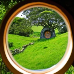 round window looking out onto lush scene of hobbiton, trees, bushes, overgrown, lush