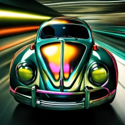 a high definition screen shot of a jet-fighter vw-beetle, retrofuturistic, phototrealism, in flight, one subject,