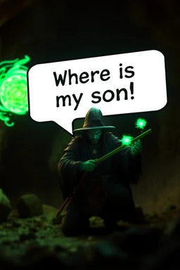 speech bubble in front with weird font saying "Where is my son!" Haraberget big fast killer glowing ball demi-lich in background, magic swirl, strong winds, true grit, reggae rasta native stand off fast draw poncho cowboy wizard on knees hurt punching green and blue fire ball whip while taking sight wand slinger, in dark cave ,bokeh like f/0.8, tilt-shift lens 8k, high detail, smooth render, down-light, unreal engine