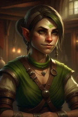 Dungeons and dragons orc young woman. She has green skin. She is kind. She is handsome. She has nice eyes. She has short hair. She is strong. She is in a tavern. She has broad shoulders. She has a large jaw. She wears casual peasant clothes. Realistic style