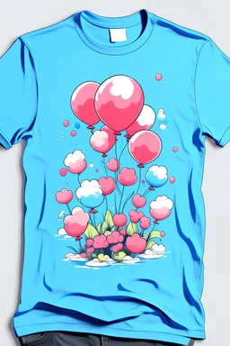 Create a cute drawing scene of balloons shaped like flowers and blossoms, floating against a blue sky, adding a playful and whimsical touch to the t-shirt.