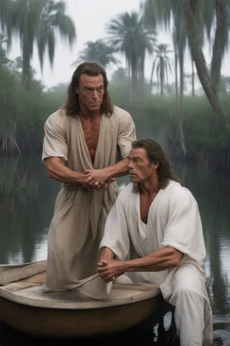 Jean-Claude Van Damme as Chance Boudreaux taking care of Jesus Christ in the Bayou