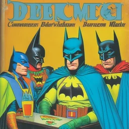 A 1980 medieval comic cover of a dark universe masonic sad drunk batman cosplay convention, green batman, orange batman, cyan batman, white batman.