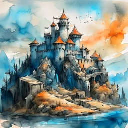 dnd, fantasy, watercolour, large strokes, stylistic, landscape, illustration, fortress, threatening, bulwark, colder hues