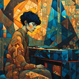 create an abstract cubist, highly ethereal, darkly magical illustration of a deeply sorrowful, girl with short cropped hair, seated at her piano , with highly detailed and deeply cut facial features, in the style of GUSTAV KLIMT, PABLO PICASSO, combined with the comic art style of BILL SIENKIEWICZ and JEAN GIRAUD MOEBIUS, searing lines and forceful strokes, precisely drawn, boldly inked, and darkly colored