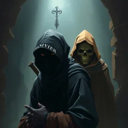 [ADnD in the crypt] Picture this: clad in darkness, a silent ninja protector with eyes sharp and alert. Behind him: a Skelton cloaked in a brown, hooded robe, exuding an eerie aura of power.